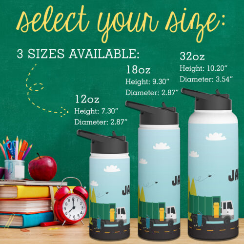 Trash Truck Name Personalized Water Bottle 3 sizes Stainless Steel Designs by Uniquely You Collection