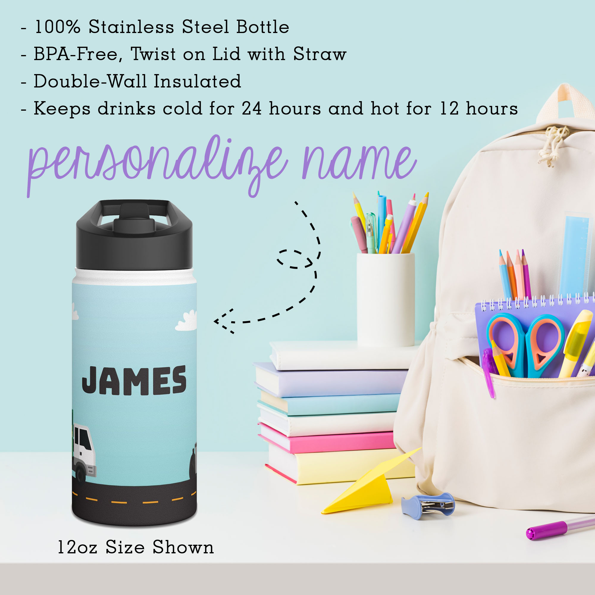 Trash Truck Name Personalized Water Bottle 3 sizes Stainless Steel Designs by Uniquely You Collection
