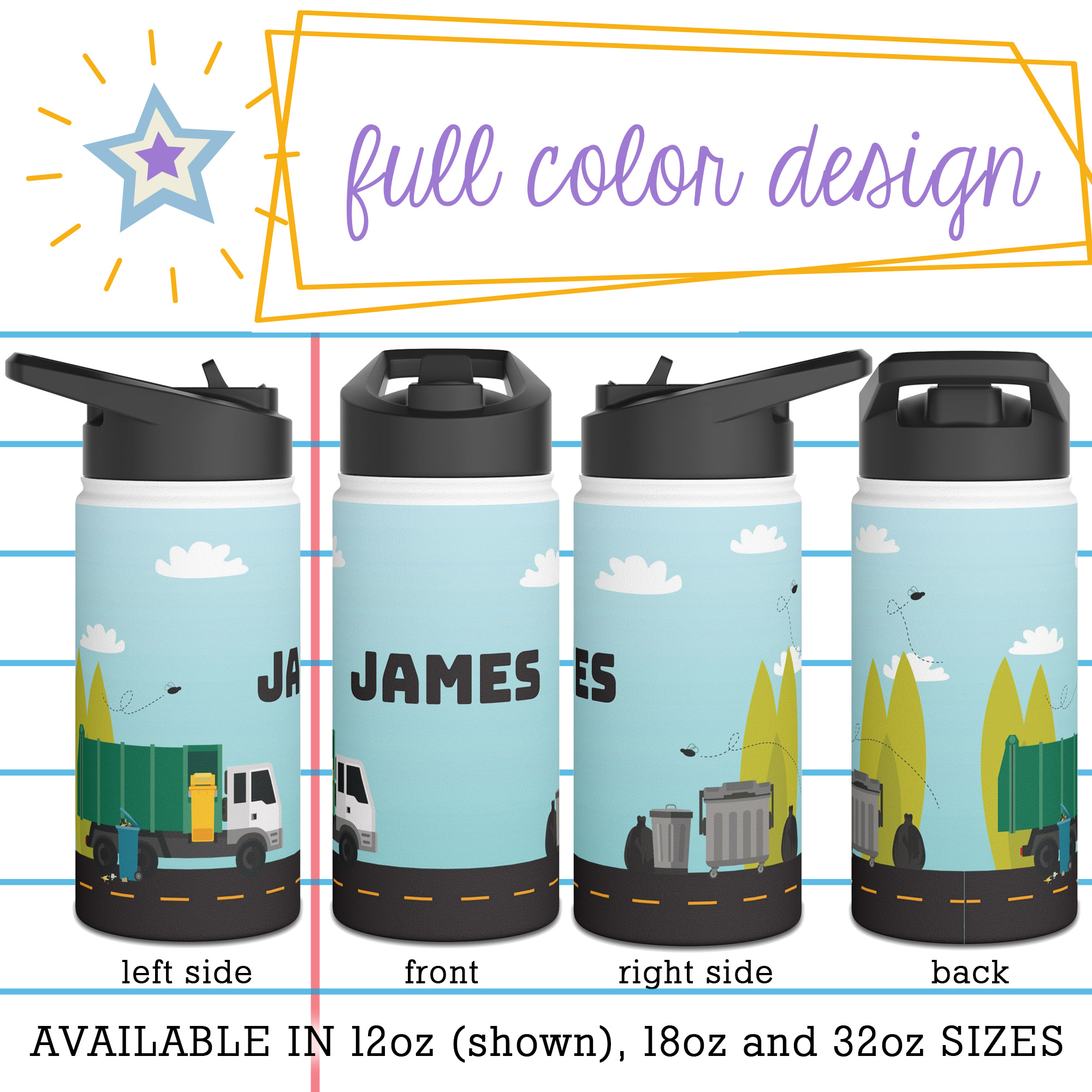 Trash Truck Name Personalized Water Bottle 3 sizes Stainless Steel Designs by Uniquely You Collection