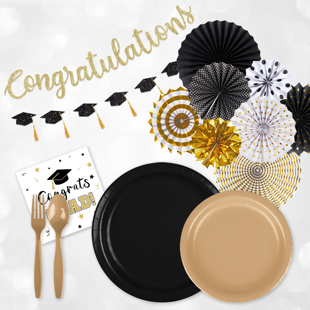 Graduation Party kit with fans banners, napkins, plates, forks, spoons 