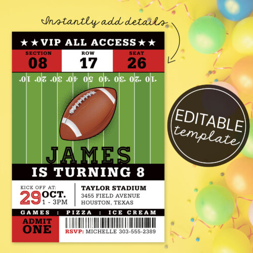 Football Ticket Editable Template Invitation Download