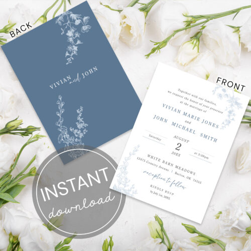 Dusty Blue Floral Invite-Instant Download image