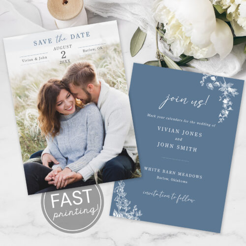 Dusty Blue Floral Photo Save the Date Card Printed Fast Printing
