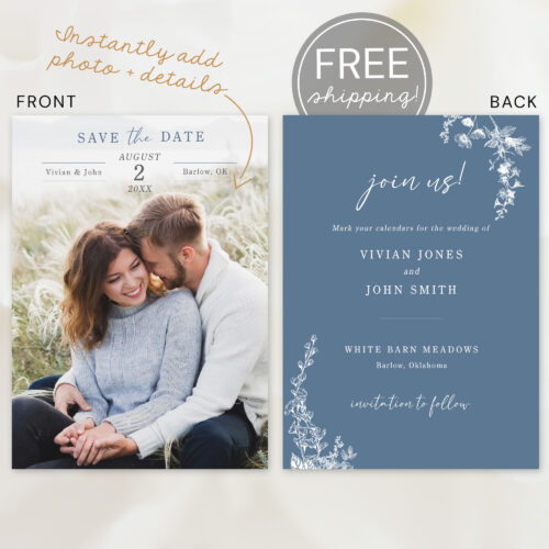 Free Shipping Dusty Blue Floral Save the Date