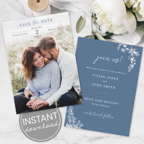 Dusty Blue Floral photo shave the date card template