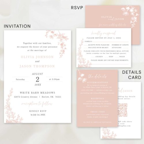 Rose Gold Floral Invitation Suite Invite RSVP details card