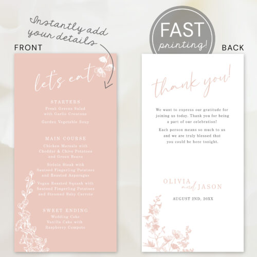 Rose Gold Floral Menu Card Front and Back Fast Printing