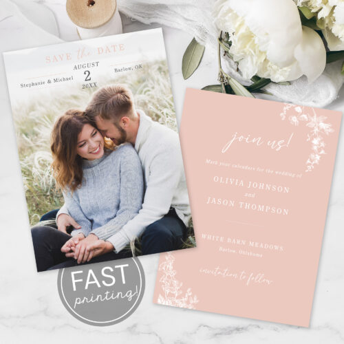 Rose Gold Floral Save the Date fast printing