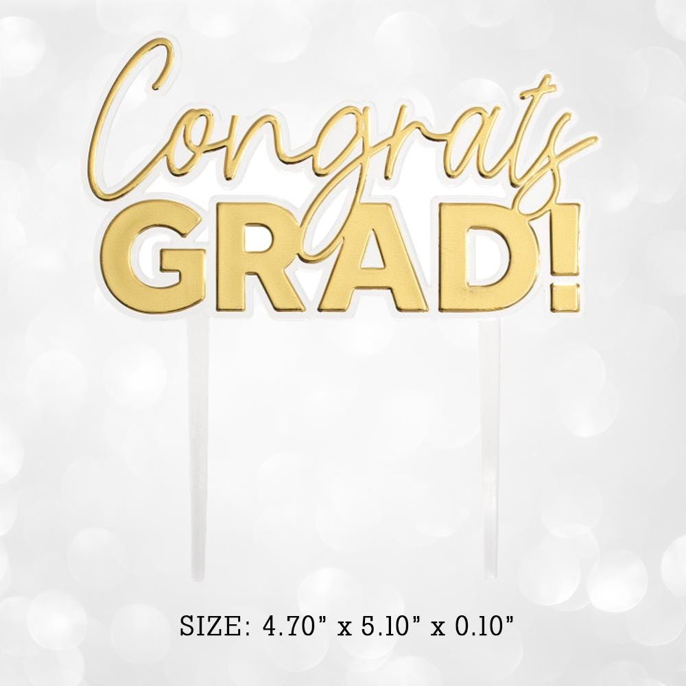 Congrats Grad Cake Topper Set: Gold Script, Black Grad Cap - Image 2