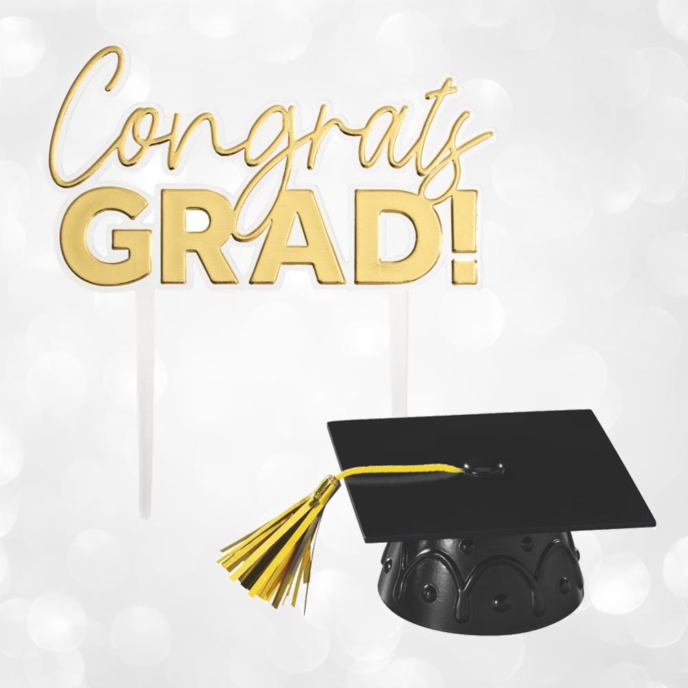 Congrats Grad Cake Topper Set: Gold Script, Black Grad Cap