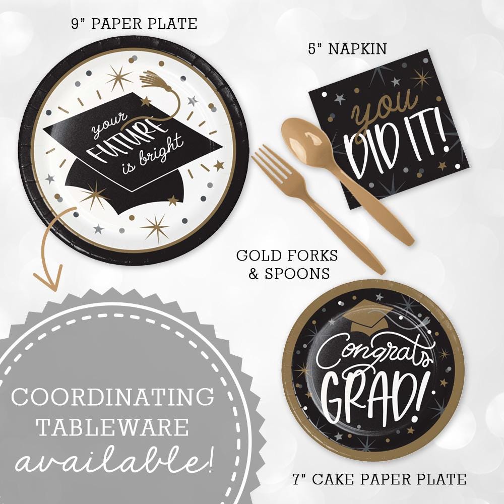 Congrats Grad Cake Topper Set: Gold Script, Black Grad Cap - Image 6